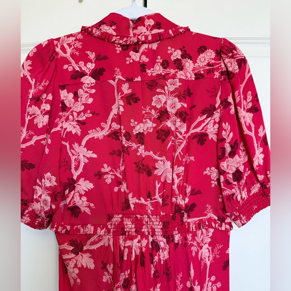 ME+EM 2 Modern Botanical Print Midi Dress Raspberry Red EUC Floral Short Sleeve - Picture 11 of 16